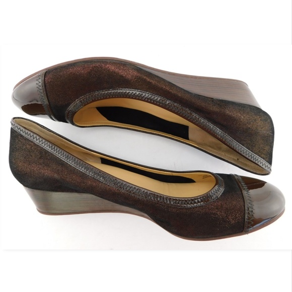 COLE HAAN Nike Air Bronze Brown Leather Cap Toe Ballet Wedge Pumps 11 - Picture 3 of 7